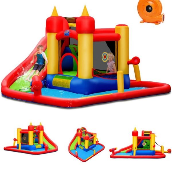 GOPLUS 7 en 1 Château Gonflable ,Aire de Jeux Aquatique avec Zone de Saut de Mur d'escalade et Toboggan pour Fête de l'eau d'Eté des Enfants – Image 1